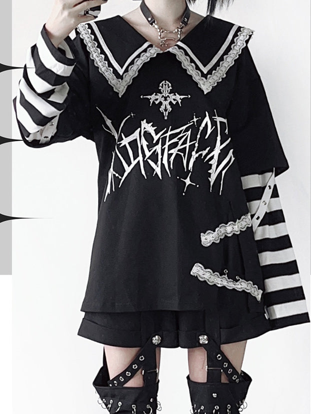 with in Sleeves Purple Pointed Black Top Graphic Contrast Striped White / Sailor Collar