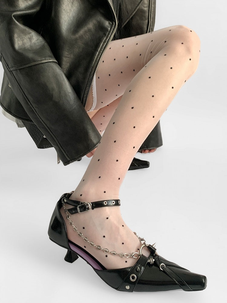 Pattern Dot Tights Black/Gray/White Polka Shiny Suspender