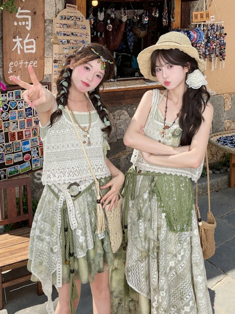 Floral Accent Beige Vest Hollow-Out Lace