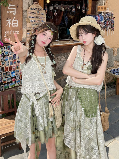 Floral Accent Beige Vest Hollow-Out Lace