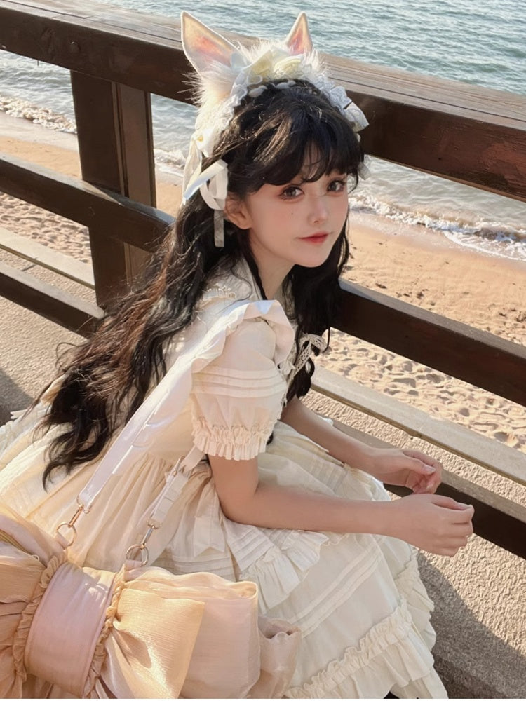 耳のディテールトリムレースホワイトバニーボウノットKC