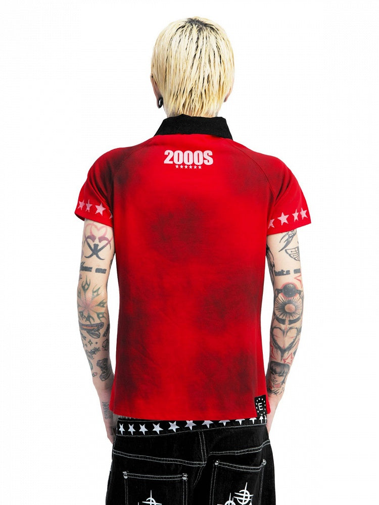 Red Letter Print Polo Shirt with Short Sleeves - DETW OnLine