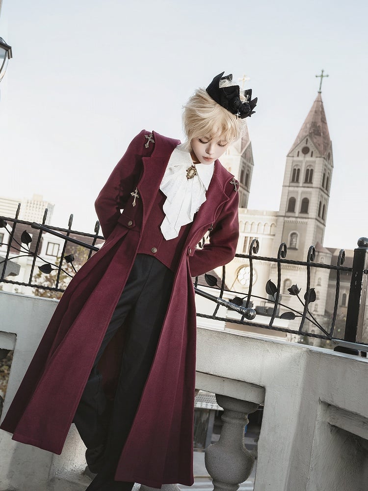 + Wings Shirt Red Collar Sleeves Black Waist High Pants Ouji Coat Cross Long Charms Bat Lolita White