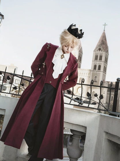 + Wings Shirt Red Collar Sleeves Black Waist High Pants Ouji Coat Cross Long Charms Bat Lolita White