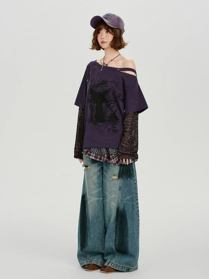 Black Purple Asymmetrical Faux Two Piece Cat Print Top - Girlyhalo