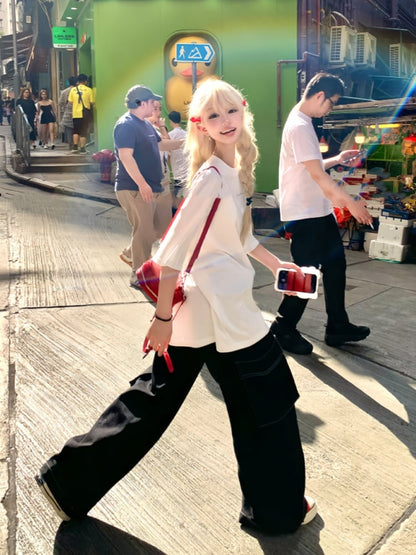 Back Lace-up T-shirt Neck White Version Round Long/Short