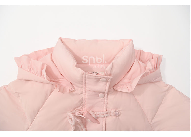 Rosa Daunenmantel mit Kapuze, Schleife und Horn-Knopf