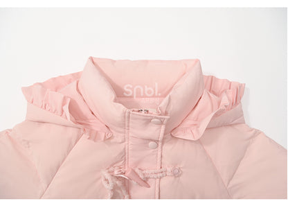 Rosa Daunenmantel mit Kapuze, Schleife und Horn-Knopf