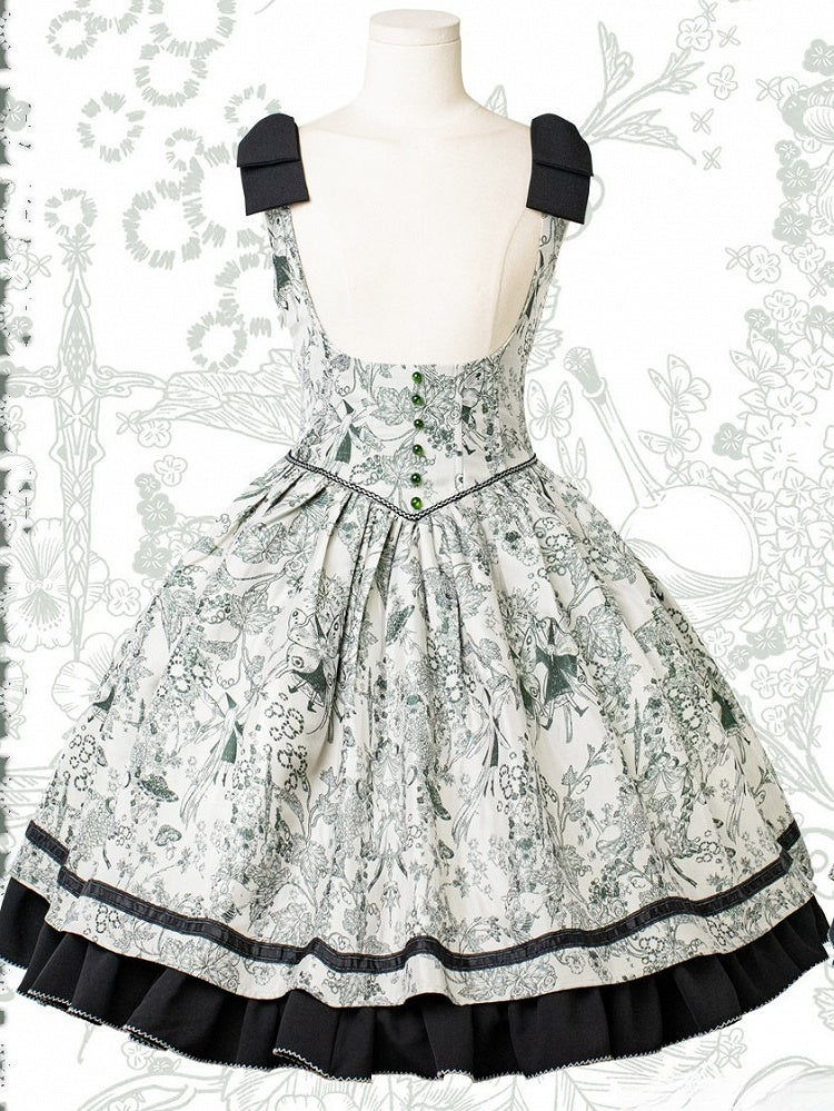 Basque Lolita Bust Jumper Skirt Under Waist Straps Shoulder Green Bowknot