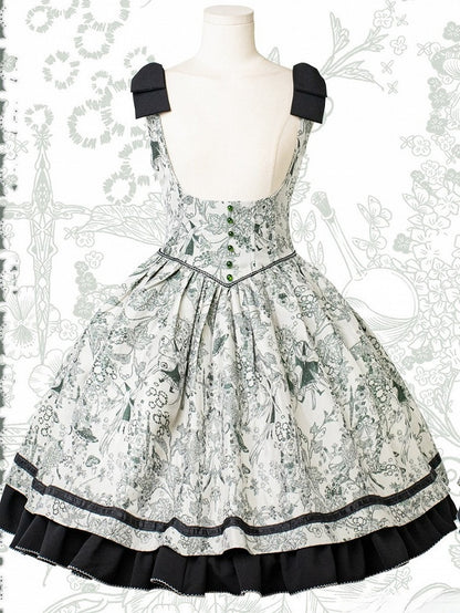 Basque Lolita Bust Jumper Skirt Under Waist Straps Shoulder Green Bowknot