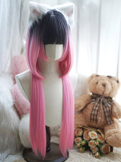 Milchweiß/Karamell/Orange/Pink &amp; Schwarz, hüftlange, glatte Perücke mit vollem Pony