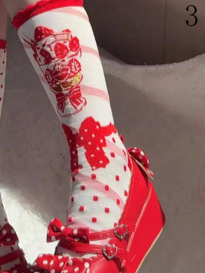 Cremefarbene Bündchensocken mit Muster, gepunktet, gerüscht, Kalbsleder, Lolita, Eis, Erdbeere