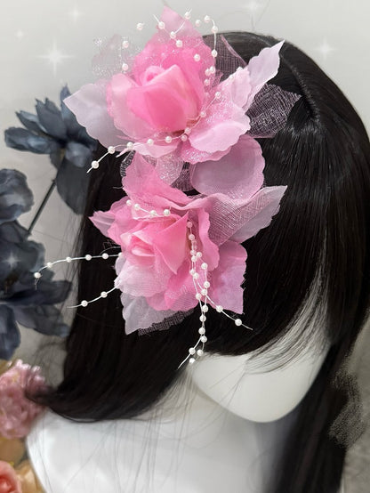 Hairclips Decorated Pink Beaded Floral
