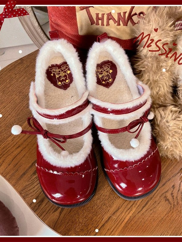 Lining Mary Bow - Sweet Pompom Lolita PU Plush with Wine Janes Mid-heel Accented Red