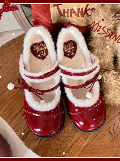 Lining Mary Bow - Sweet Pompom Lolita PU Plush with Wine Janes Mid-heel Accented Red