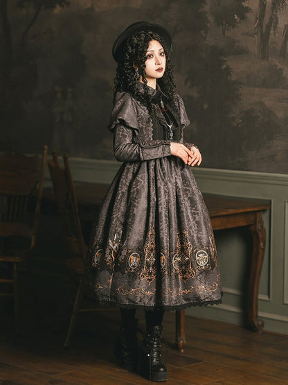 Lolita with Bat Juliette Wings Candelabras Sleeves Print Gray Dress Gothic