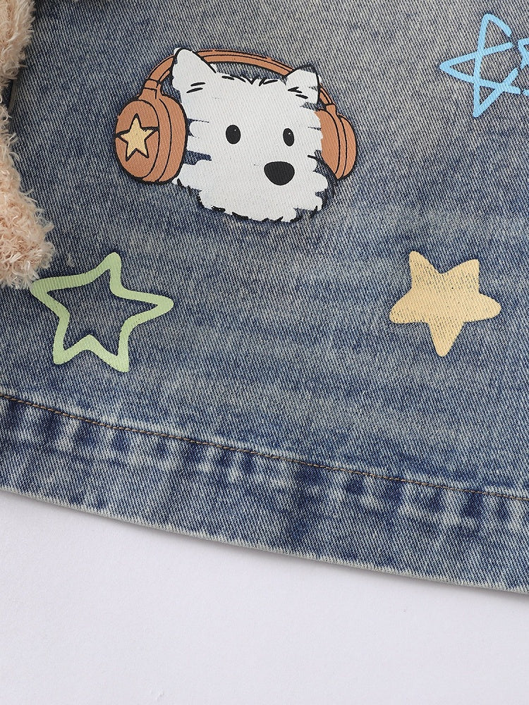 Blue Cropped Denim Jeans with Teddy and Graffiti - Languid Park