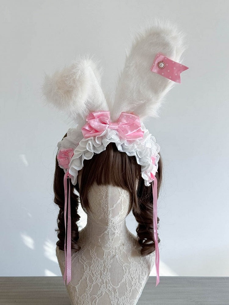 Dot Hairband Bunny Lace Bows Ear and Lolita with Pink Plush Polka Red/Pink/Light Trimmings