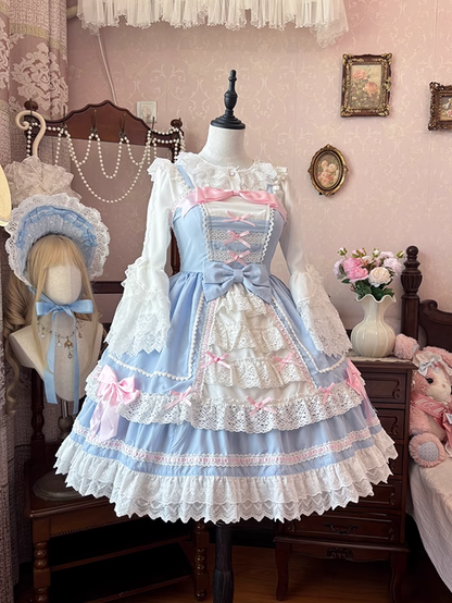 Süßes Lolita-Kleid mit Spitzenbesatz, rosa Schleifen, blau, JSK