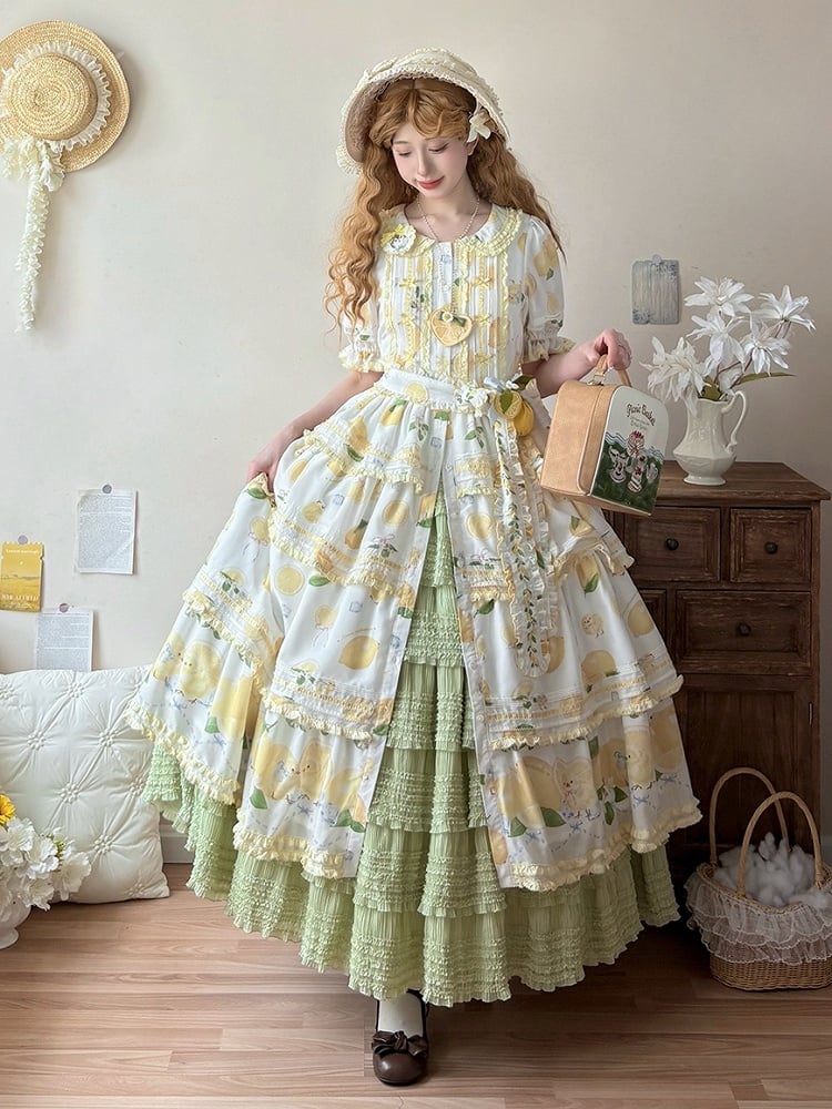Tea Tiered Green Detail Length Skirt Under Ruffles