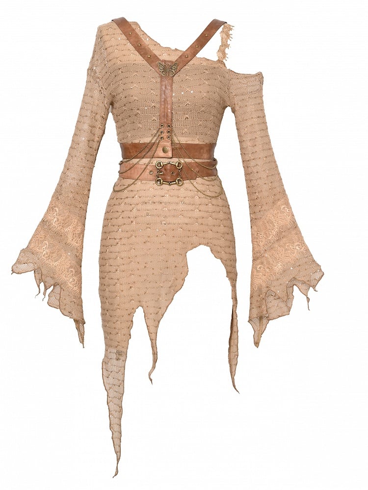 Wasteland verziertes Geschirr mit Ausschnitt und Punk-asymmetrischem braunem Strickpullover, Schmetterlings-Lichterkette