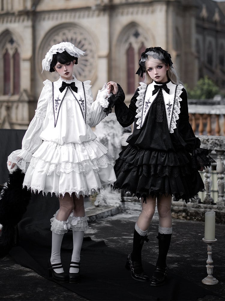White + Rosette Sharp Embroidery Gothic Collar Lolita Bow Black