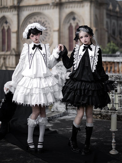 White + Rosette Sharp Embroidery Gothic Collar Lolita Bow Black