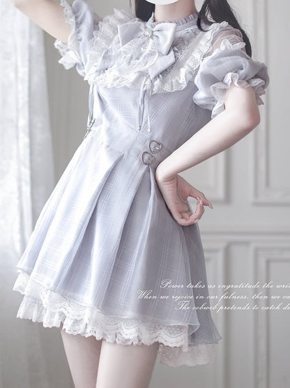 Shoulder Cutout Dress Dusty Blue Jirai Kei Plaid with