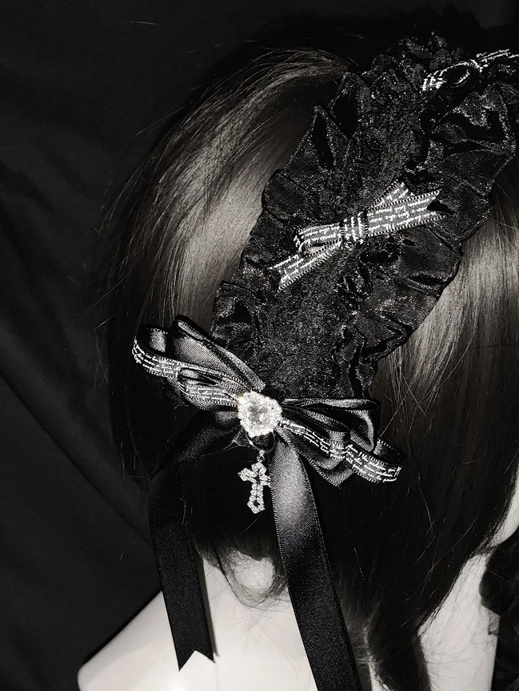 2-Tone Black & White Lace Hairband Rhinestone Cross