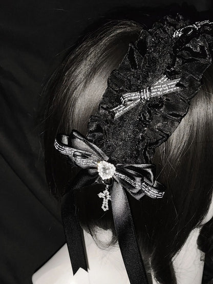 2-Tone Black & White Lace Hairband Rhinestone Cross