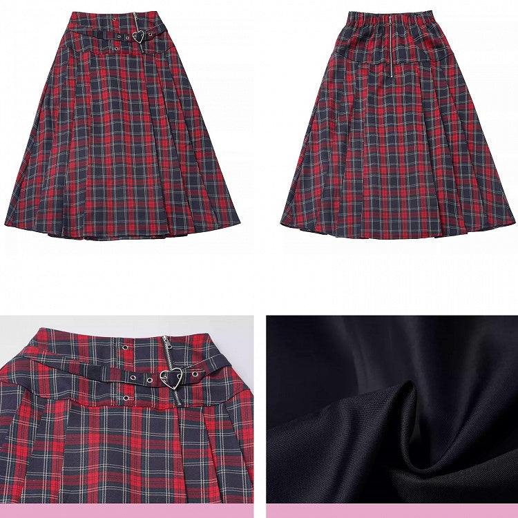レッドハートバックルチェック柄プリーツスカート