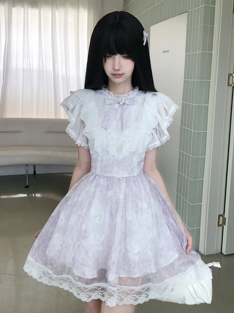 Purple-White Ruffled Flutter Sleeve Dress with Removable Rhinestone Bow - LA LA JK