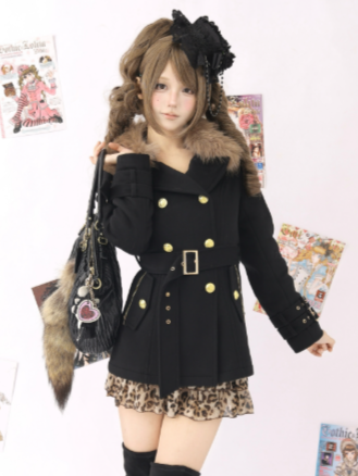 Black Wool Double-Breasted Coat with Faux Fur Collar and Gyaru-Style Buckle Detailing