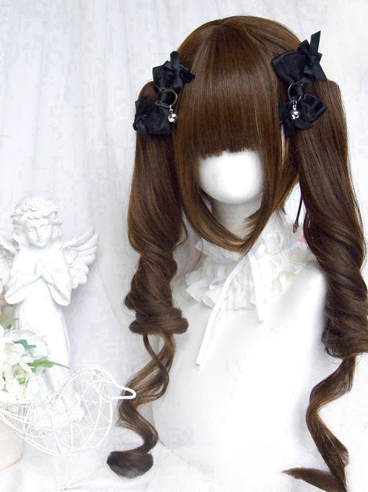 Dunkelbraune Perücke im kurzen Bob-Schnitt mit vollem Pony + doppelte Pferdeschwanz-Krallenklammern