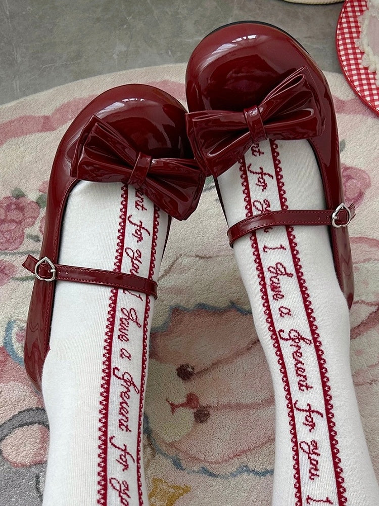 Mary PU Heart Shoes Buckle with Detachable Wine Low-heel Red Bow Jane and