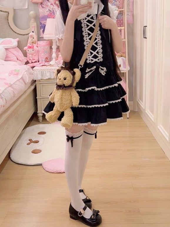Ribbon Criss-cross Lolita Black Tiered Skirt Overall Design Dress Sweet