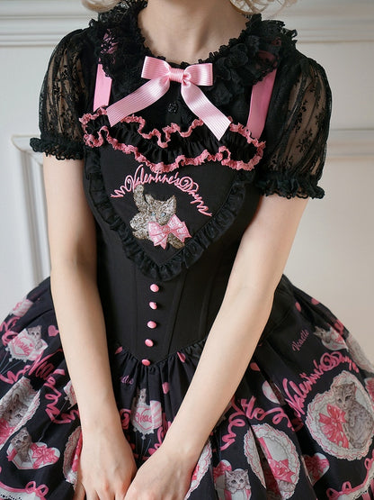 レイヤーカラーチュールロリータショートブラックスリーブブラウスダブル