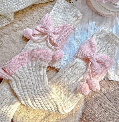 Style Pink Pom-pom Bow with Knitted Beige Accents Warmers Y2K Leg Details