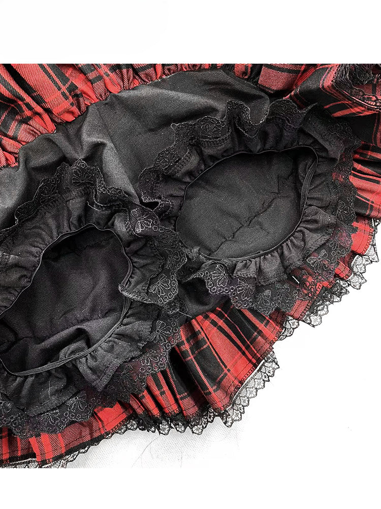 Y2K Redand ブラック チェック柄 レーストリム 太もも丈 裏地付き ティアードスカート