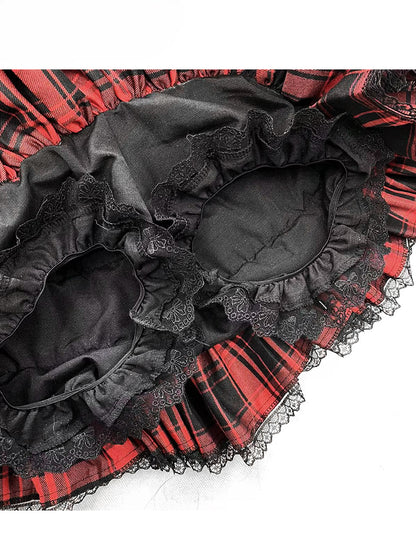 Y2K Redand ブラック チェック柄 レーストリム 太もも丈 裏地付き ティアードスカート