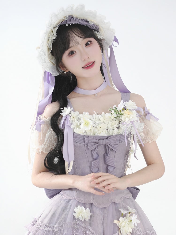 Bowknot Decoration Floral Green / Bonnet Purple