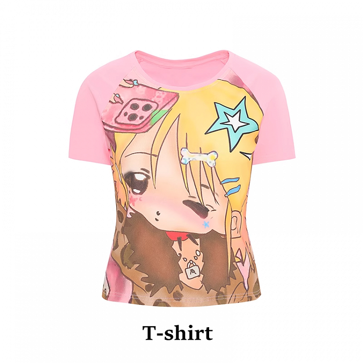 ピンクのY2K漫画ガールプリントTシャツ/キャミソールトップ
