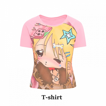 ピンクのY2K漫画ガールプリントTシャツ/キャミソールトップ