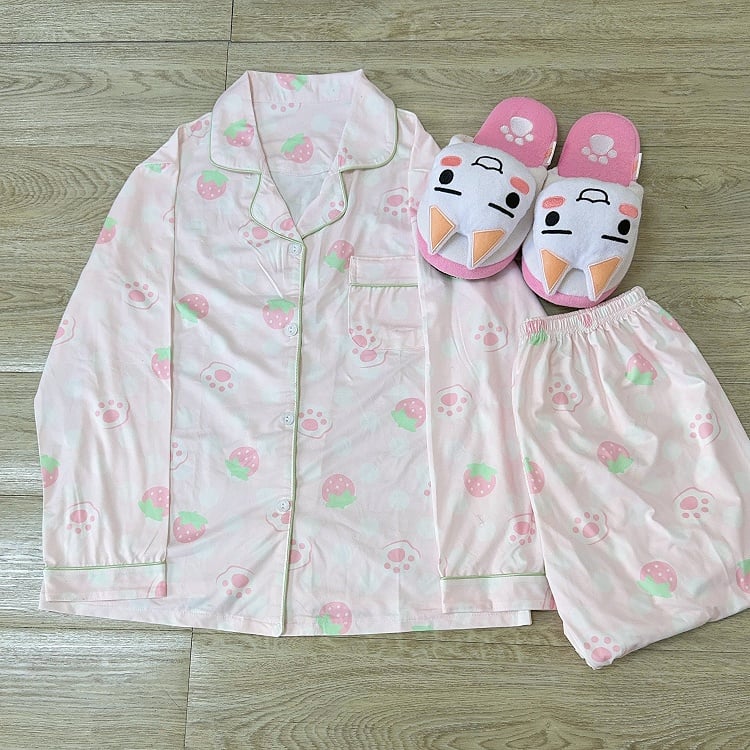 Set Strawberry Cat Light Pajama - Paw Print Pink