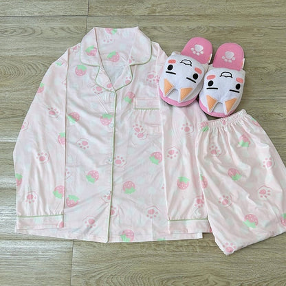Set Strawberry Cat Light Pajama - Paw Print Pink