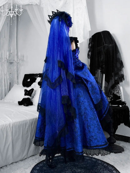 Klein Blue Black Gothic Corset Ensemble Skirt Collar Bell Sleeves - Somnium Isle