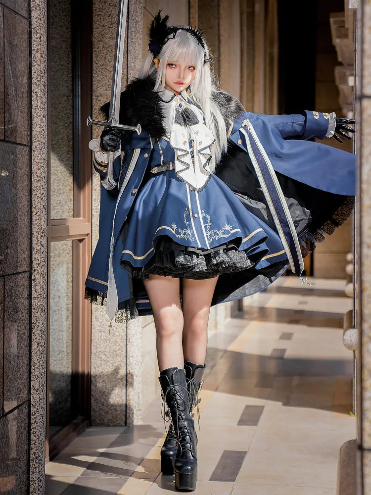 XXL Goldmantel Blauer Rock + Set Cape Shirt Jabot Besatz Ausverkaufsgröße Voll Lolita Militär und