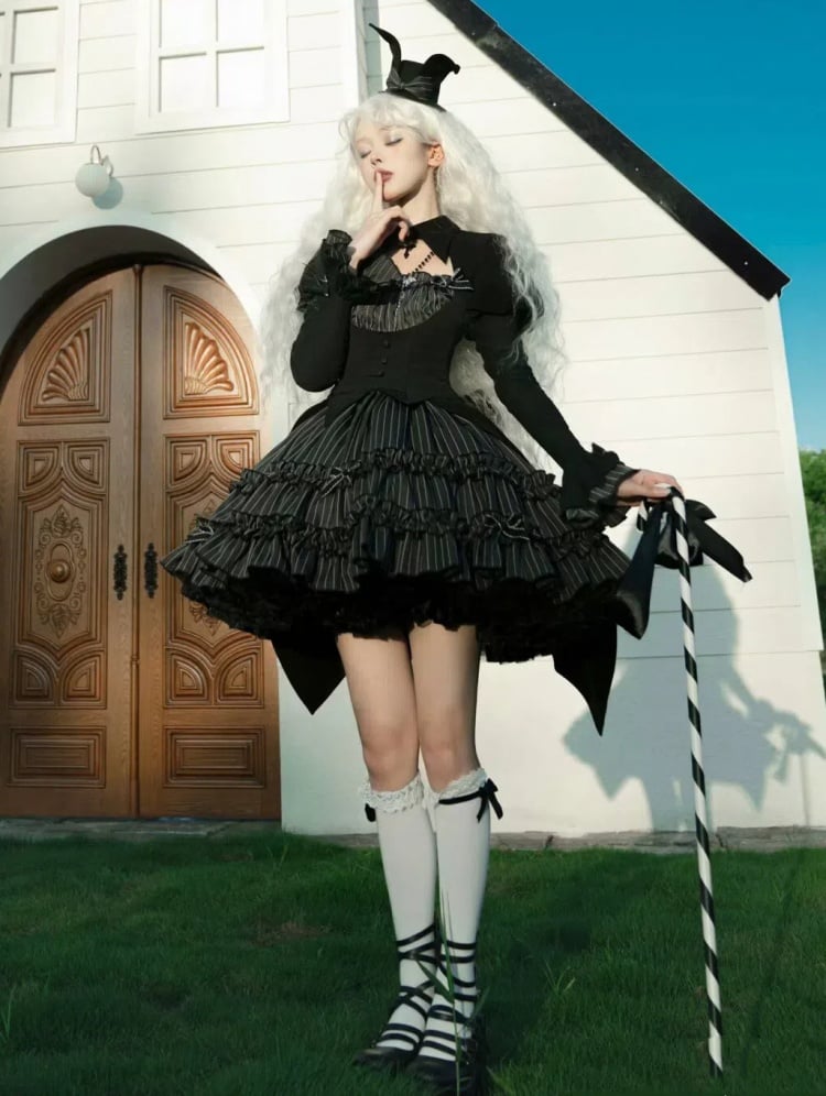 Black and Gray Fake Two-piece Bolero Top Dark Gothic Lolita Striped Dress