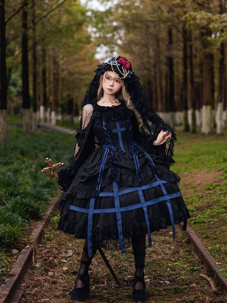 Cross JSK Accents with Gothic Black Birdcage Lolita and Blue Dress