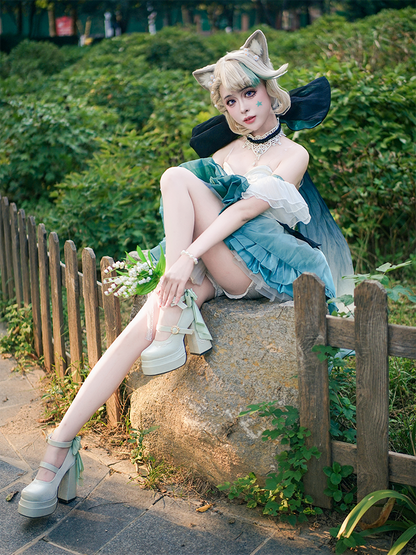 Detachable Light Platform Green Bowknot Valley High Heel the Embroidery Mary Janes Lily of Block